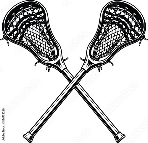 Lacrosse sticks crossed, sports equipment vector, cad sketch illustration, flat drawing style, team gear icon, mesh head detail
