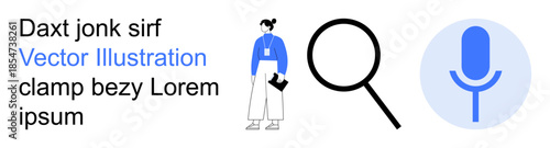Digital technology, search tools, voice recognition, communication, AI assistance, and research. Person with badge, magnifying glass microphone icon. Search tools and voice recognition concept