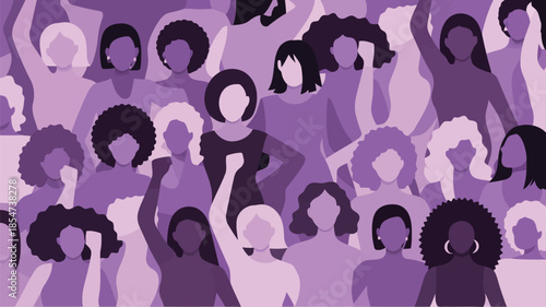 A powerful gathering of diverse women raising their fists, creating a unified pattern in various shades of purple