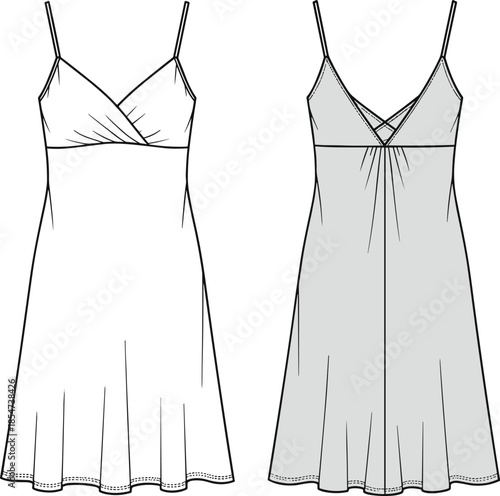 Sleeveless dress fashion sketch, technical flat drawing, vector apparel design, spaghetti strap garment, V-neckline wrap style, cad drawing flat vector illustration