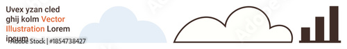 Cloud computing, data analytics, technology growth, digital storage, data visualization, internet services. Minimalist design with cloud shapes and bar chart. Cloud computing and data analytics