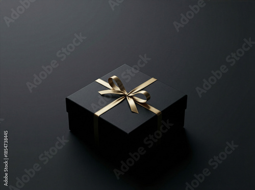 Luxury black gift box with gold ribbon on dark background, elegant presentation