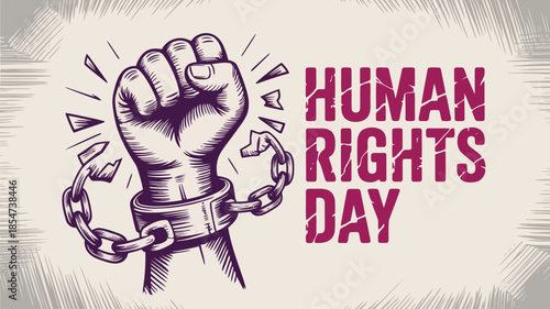 A powerful hand with a clenched fist shatters restricting metal chains for human rights day
