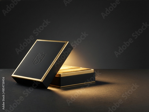 Open luxury black and gold box with warm light glow on dark background