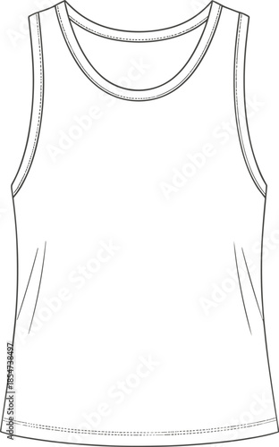 Sleeveless tank top technical sketch, fashion flat vector, apparel design template, CAD drawing, contour fit, round neck, garment illustration