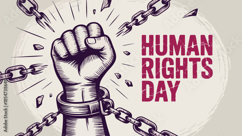 A powerful human fist breaks apart heavy iron chains, symbolizing freedom and human rights day