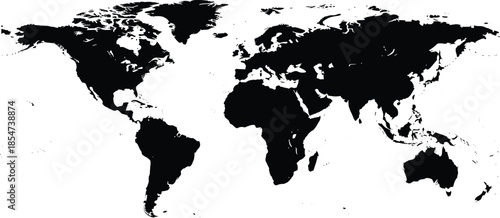 World map silhouette vector, black and white continents, minimalist global geography, abstract earth illustration, simple international outline, educational design element