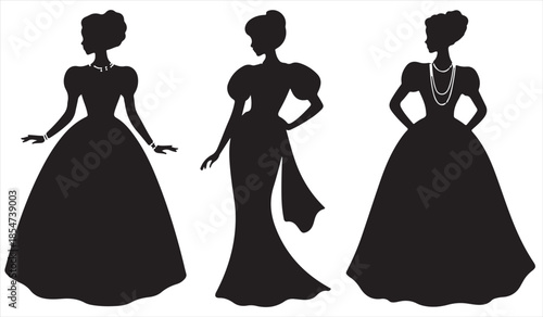 Vector illustration of graceful women in formal ballgowns and evening wear silhouettes