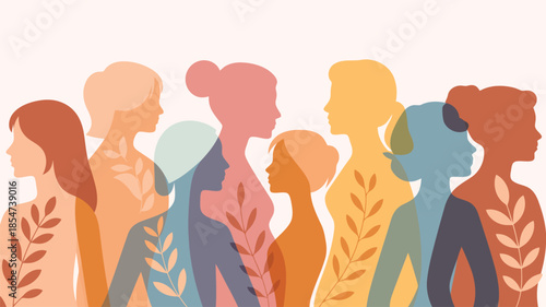 A vibrant array of diverse female profiles depicted as overlapping translucent silhouettes with organic plant shapes