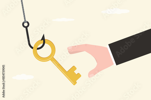 Fishing hook with golden key. The concept of key trap, lie, fake access, bait. User hand want to take giant key. The problem of phishing, scam, data and password theft.