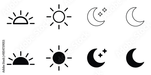 Day and Night Sun and Moon Icons Set – Minimal Line and Solid Weather Symbols