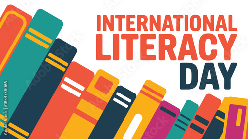 A vibrant display of colorful books on a white background celebrates International Literacy Day