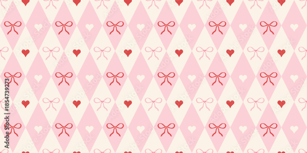 Fototapeta premium Coquette rhombus seamless pattern. Girly plaid texture in red and pink colors. Argyle cute diamond pattern with bows and hearts. Holiday circus print for Valentines' day, wedding, birthday, wrap.