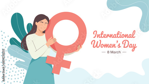 A woman gracefully holds a large pink female symbol celebrating International Womens Day on March 8