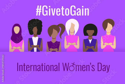 Minimal style Give to Gain banner template design. International Women's Day 2026. Women's with GivetoGain symbol and typography slogan. Vector illustration for web social media banner poster cover.