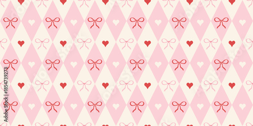 Coquette rhombus seamless pattern. Girly plaid texture in red and pink colors. Argyle cute diamond pattern with bows and hearts. Holiday circus print for Valentines' day, wedding, birthday, wrap.