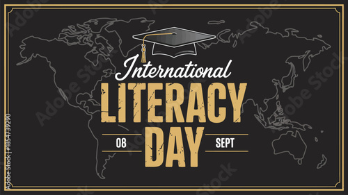 An educational banner featuring International Literacy Day text with a graduation cap and world map