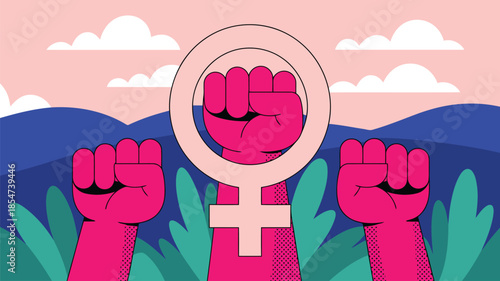 Bold pink fists and a central female symbol convey a message of womens empowerment and equality