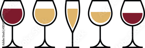 Illustration of five varied wine glasses, filled with red wine, white wine, and champagne, ideal for beverage menus, bar decor, and celebration themes