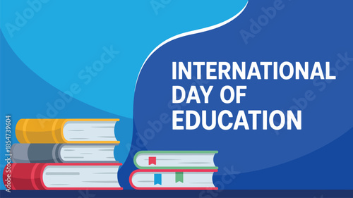 Colorful stacks of books on a bright blue background for International Day of Education