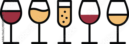 Collection of stylized wine glasses featuring red and white wine, champagne, and sparkling wine, perfect for beverage and celebration themes