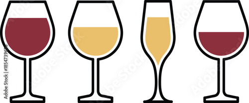 Stylish vector set depicting diverse wine glasses filled with different alcoholic beverages red, white, and sparkling champagne, perfect for menus and bar themes