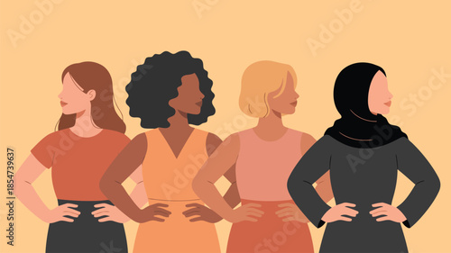 Confident diverse women stand with hands on hips showcasing strength and determined leadership