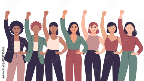 Confident women raising their fists in a powerful display of collective strength and empowerment