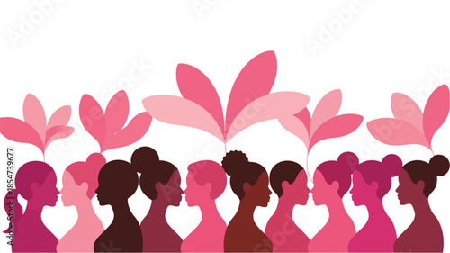 Diverse female profiles in shades of pink with floating leaves symbolizing collective empowerment and growth