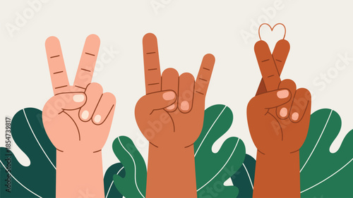 Diverse hands show peace rock and roll and crossed fingers with a small heart