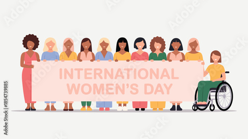 Diverse women from different backgrounds stand united, holding a large pink banner celebrating International Womens Day