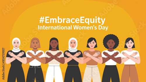 Diverse women forming an X with their arms to #EmbraceEquity for International Womens Day