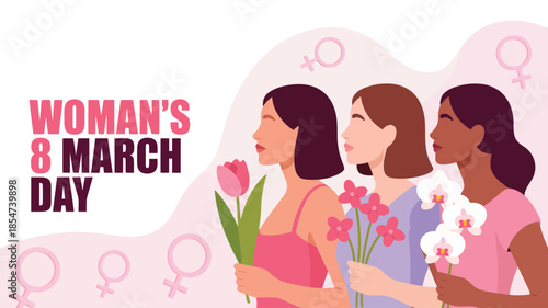 Diverse women hold flowers celebrating Womans 8 March Day with female symbols
