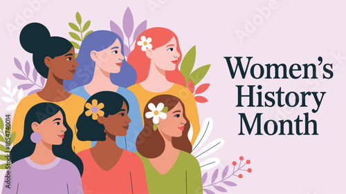 Diverse women with foliage around them celebrate Womens History Month with joy and unity