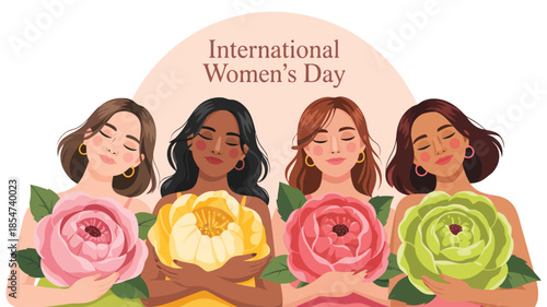 Diverse women with various skin tones are gracefully holding colorful flowers to celebrate International Womens Day