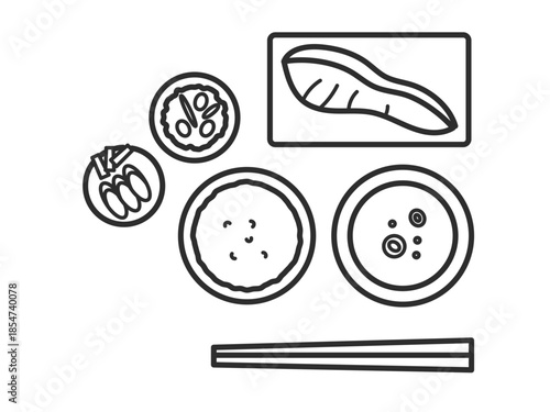 焼き鮭の定食イラスト　朝食　線画のみ