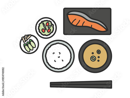 焼き鮭の定食イラスト　朝食