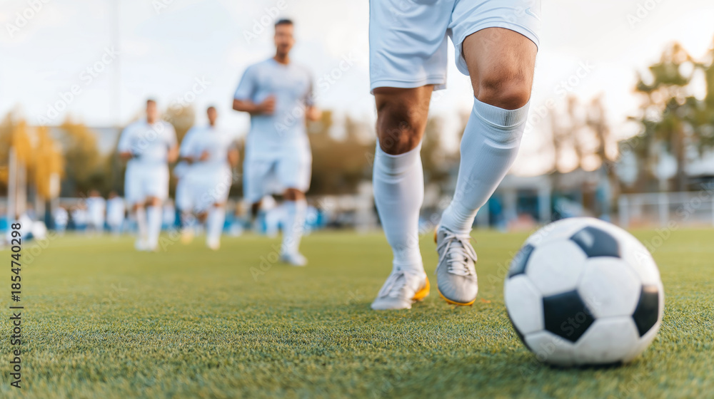 Fototapeta premium Soccer player running with ball on green field during practice with blurred teammates in background