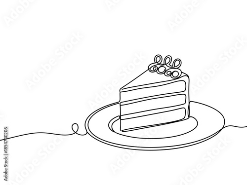 A single continuous black line fluidly loops across the white background to sketch a triangular slice of layered cake with swirled frosting, resting on an oval plate in this minimalist design