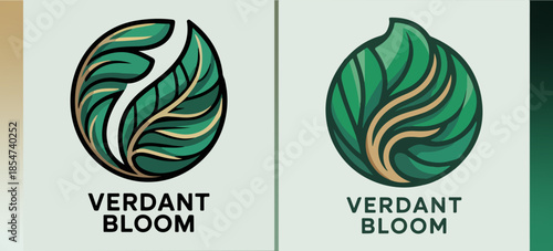 Verdant Bloom circular leaf logos, organic botanical emblem set with layered green foliage and golden accents, eco brand vector marks for wellness and gardening