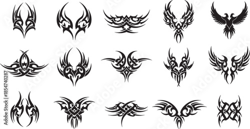 Tribal Illustrations Featuring Symbolic Emblems and Abstract Designs on a Clean White Background from a Direct Viewpoint