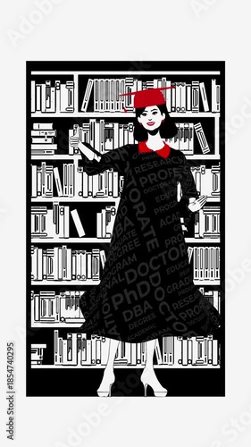 Stylish black, white and red animation of a female PhD graduate in an academic library. Perfect for universities, doctoral programs, research institutions, education ads and motivational reels.
