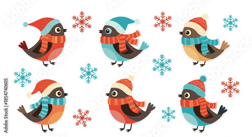 Collection of six adorable birds wearing colorful winter hats and scarves surrounded by red and blue snowflakes on a white background.