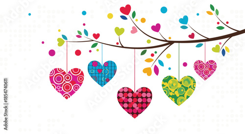 Vibrant tree branch decorated with colorful patterned hanging hearts and small leaves over a clean white background.