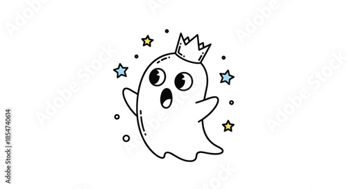 Friendly cartoon ghost wearing a golden crown is surrounded by colorful stars in this playful spooky character design.