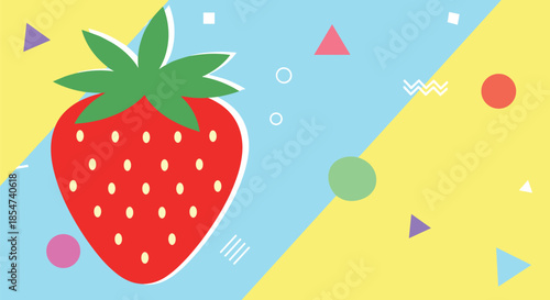 Large red strawberry with green leaves is centered on a vibrant geometric background with various shapes and bright colors.