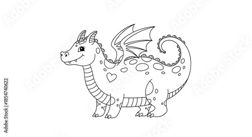 Simple line drawing of a cute baby dragon with wings and scales is ready for coloring by children as a fun hobby.