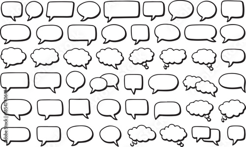 Set of hand drawn speech thought bubbles sketch style crosshatch scribble shading chalkboard doodle theme. comic line art vector art and illustration black and white blank background 