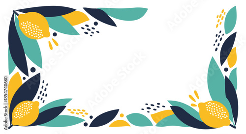Vibrant border design featuring yellow lemons and dark blue and teal leaves with abstract dotted patterns on a clean white background.