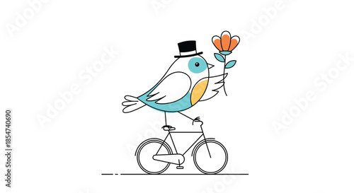 Whimsical line art illustration of a blue and orange bird wearing a top hat and riding a bicycle while holding a orange flower in its wing.